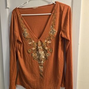Vintage Janette Plus Embroidered Orange V-Neck Women's Top